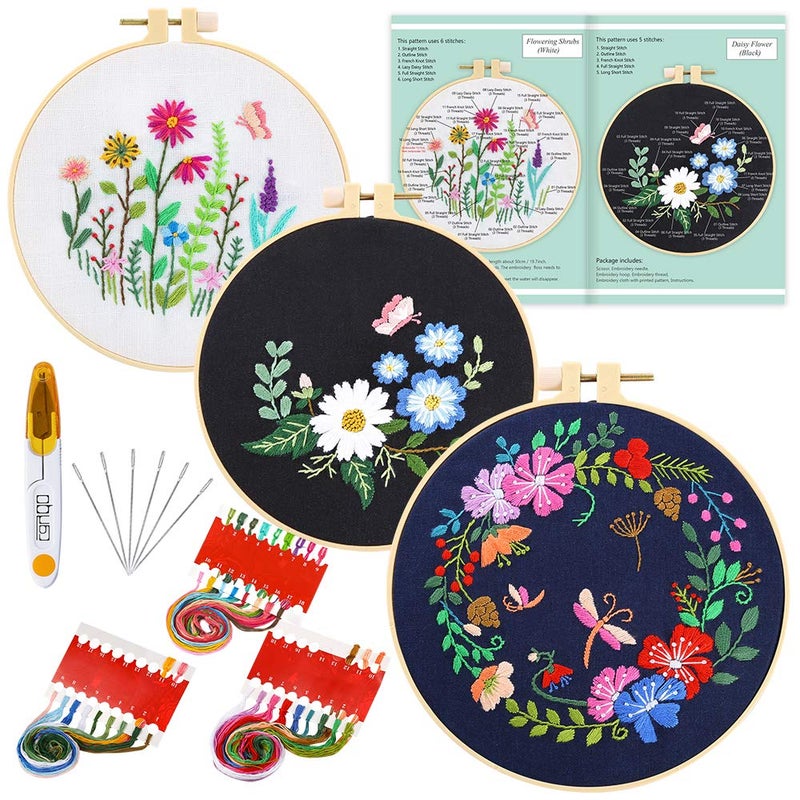 Caydo 3 Sets Cross Stitch Kits forBeginners, Adults Including Embroidery Fabric with Floral Pattern, Embroidery Hoop, Thread and Tools - Image 1
